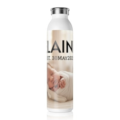 Personalized Baby Name Slim Water Bottle | Newborn Photo, Est. Date